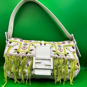 Vintage Fendi Canvas Embellished Baguette White/Multi